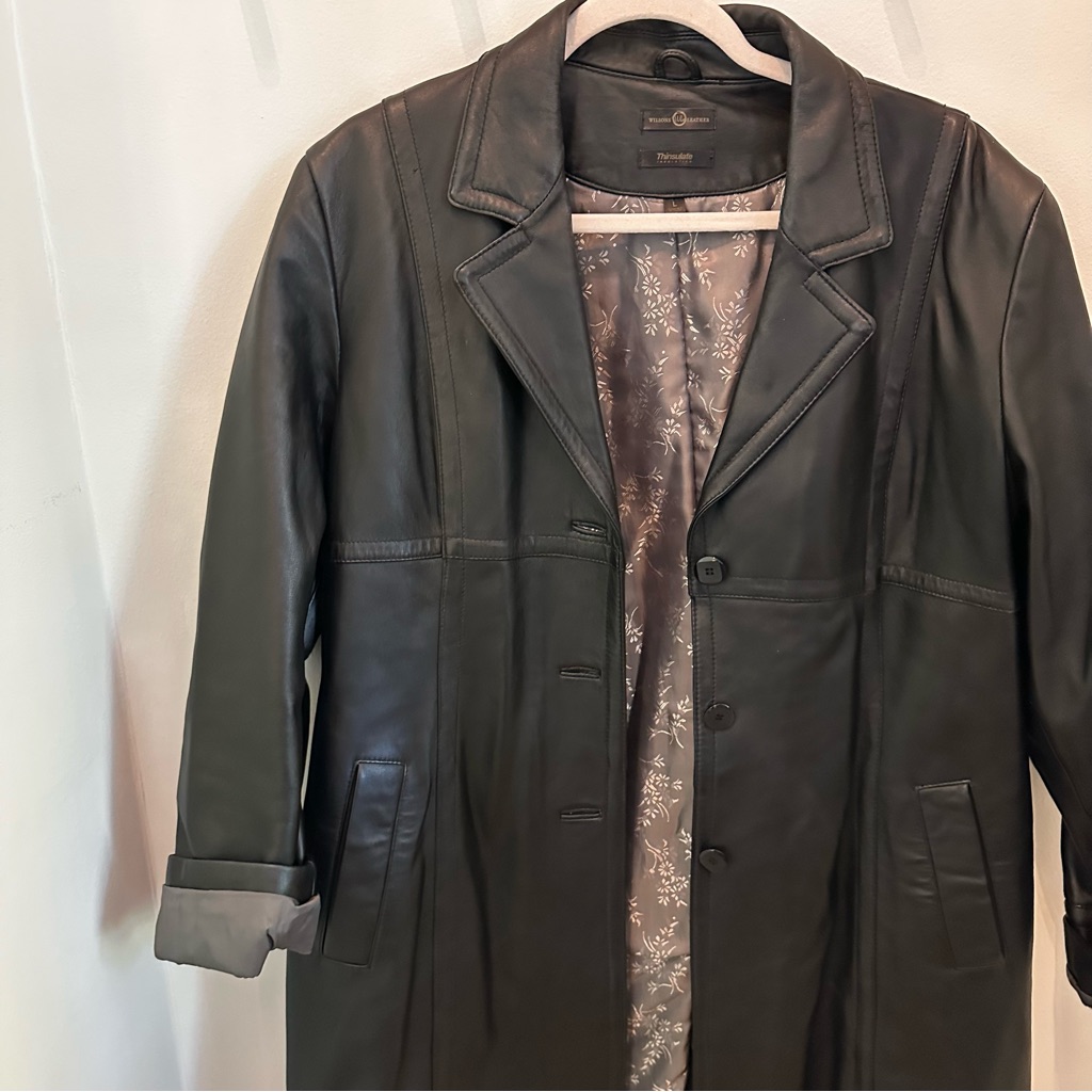 Wilsons Leather Black Jacket With Patterned Lining Knee-Length